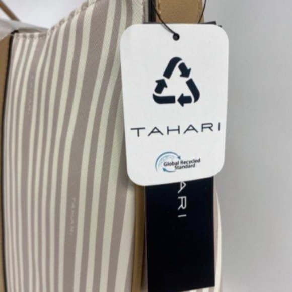 Tahari Womens Sand/Gray Striped Vegan Leather Double Handle Satchel Tote Handbag - Picture 5 of 6